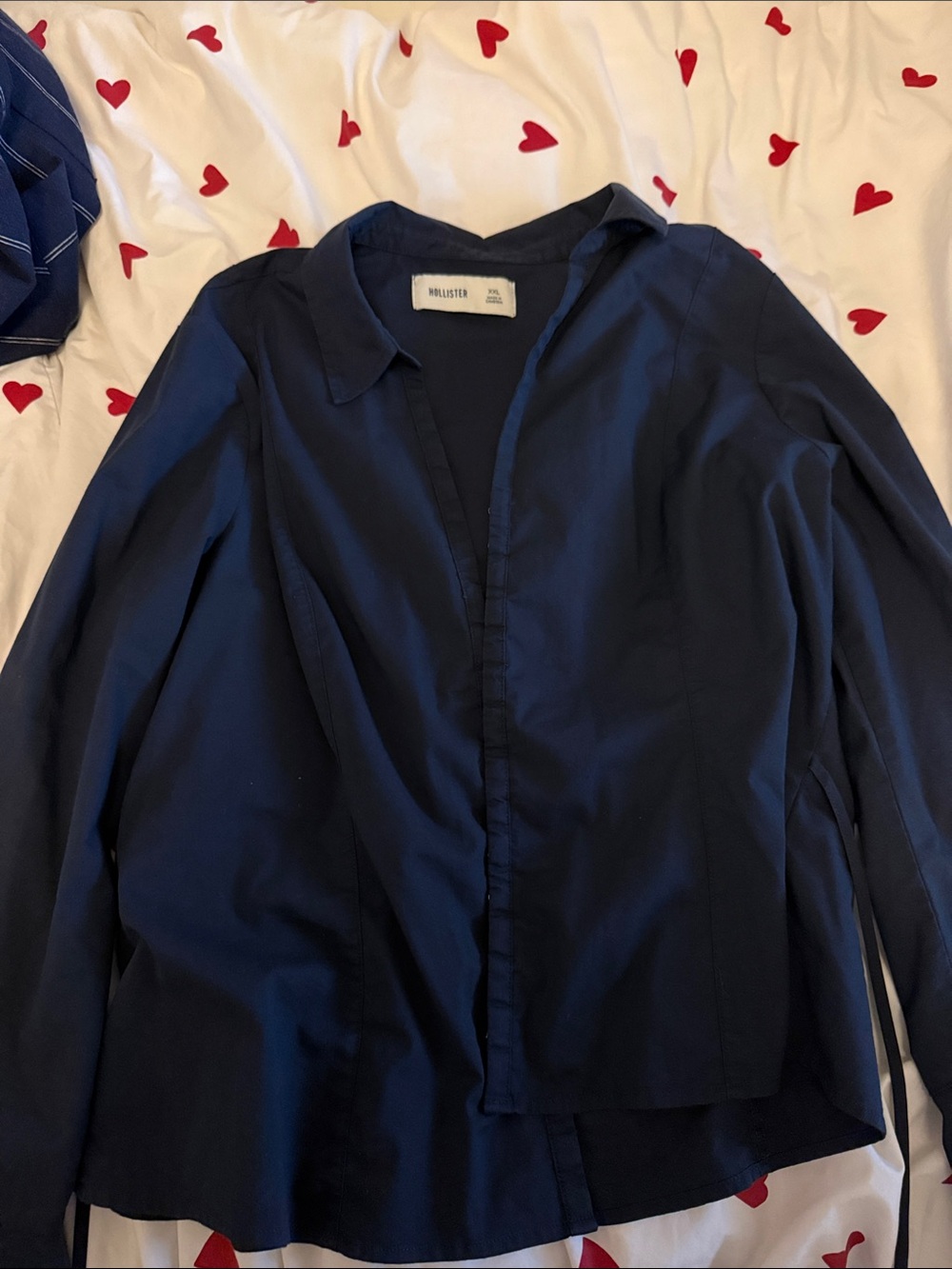 Hollister Dark Navy Collared Button-Up Blouse with Tie-Back
